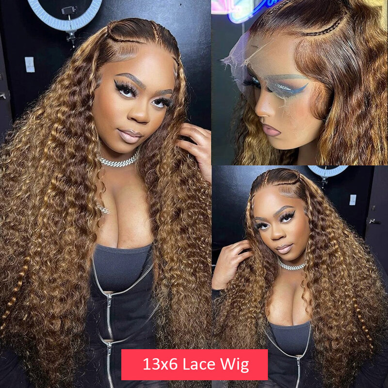 30 34 Inch Loose Deep Wave Frontal Wig 180% Ombre Highlight HD Lace Wigs 4/27 Colored Wigs Curly 13x4 Lace Front Human Hair Wigs