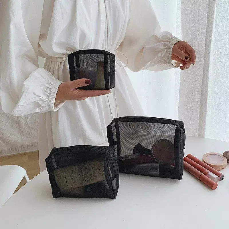 Tas kosmetik perjalanan portabel, 1 buah tas kosmetik jaring transparan kecil besar bening hitam tas Makeup perlengkapan mandi Organizer kantong penyimpanan lipstik