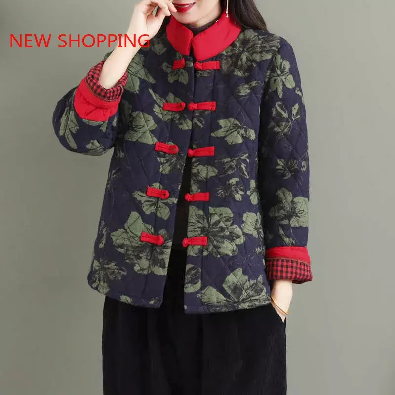 Abrigo de algodón Retro para mujer, Parka con estampado de flores, estilo étnico Vintage, Tops Qipao, chaquetas elegantes Hanfu para invierno