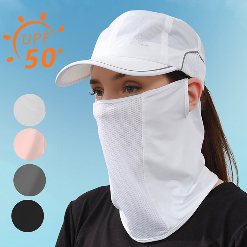 Sun Blocking Ice Silk Mesh Face Scarf, Ear Hanging Mask, UV Protection Mask, Outdoor Neck Wrap, Verão