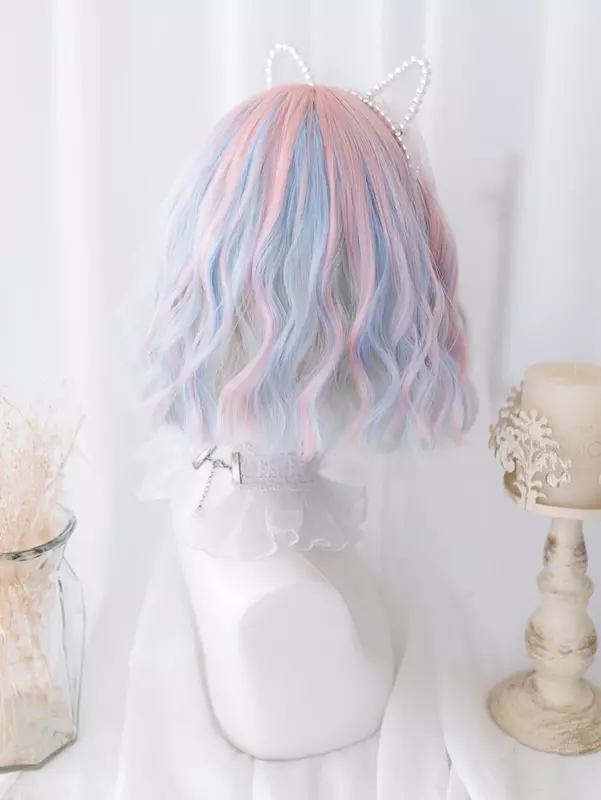 12 Zoll blau rosa zweifarbige synthetische Perücken mit Pony kurze natürliche gewellte Haar perücke für Frauen täglichen Gebrauch Cosplay hitze beständig