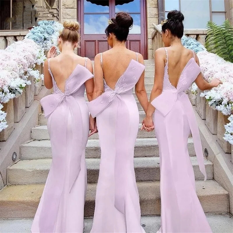 Sexy Spaghetti Long Mermaid Bridesmaid Dresses Satin Wedding Party Gowns Back Bow Robe Formal Evening Prom Dresses Best