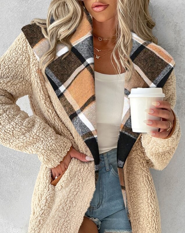 Mode lässig Color block Plaid Muster Longline Teddy Damen mantel neue Winter Schal Kragen Tasche Design Pendel mantel