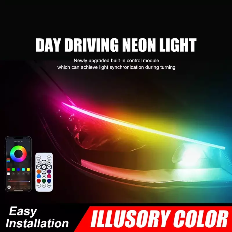 2PCS Car LED Light Strip RGB Daytime Running Light DRL Remote Control Colorful Flowing Turn Signal Decorative Lamp Waterproof