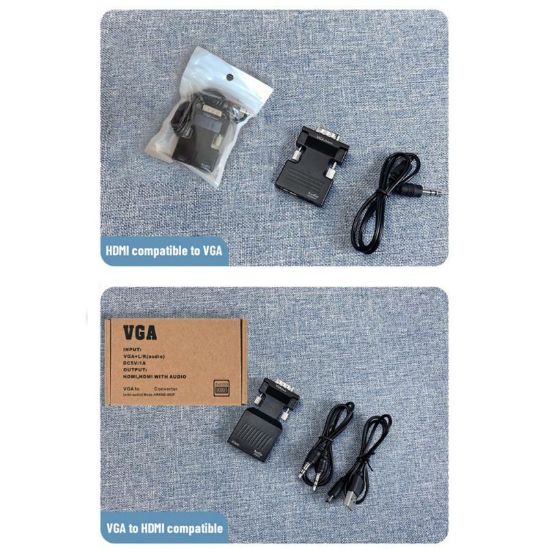HDMI compatível com conversor VGA com cabo de áudio de 3,5mm, PS4, PC, laptop, TV, monitor, projetor, 1080p, VGA fêmea para adaptador HD macho