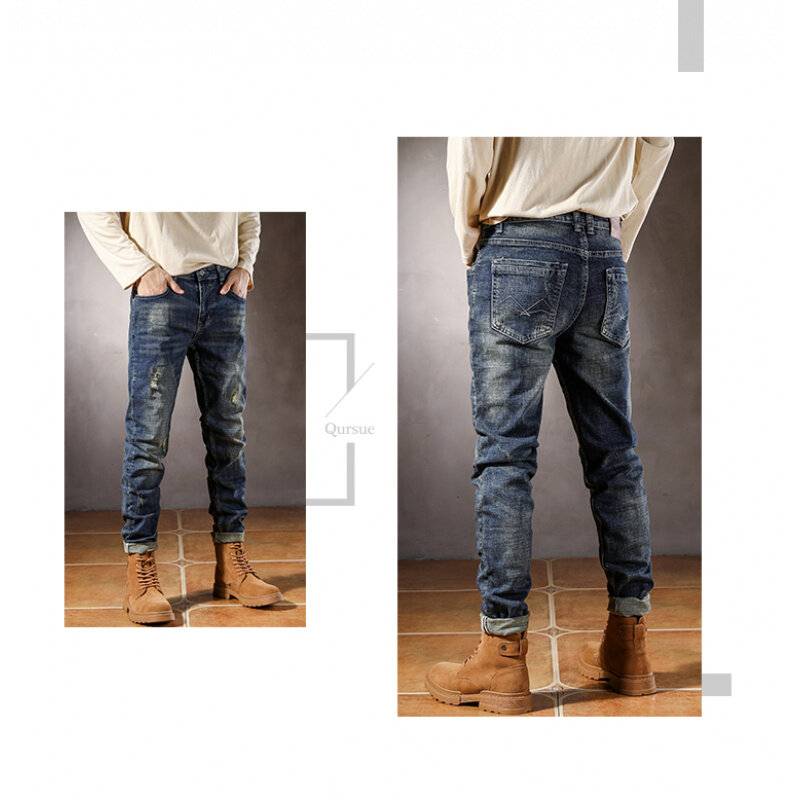 Jeans rasgado elástico azul vintage masculino, designer de moda de rua, bordada, pequena, perna reta