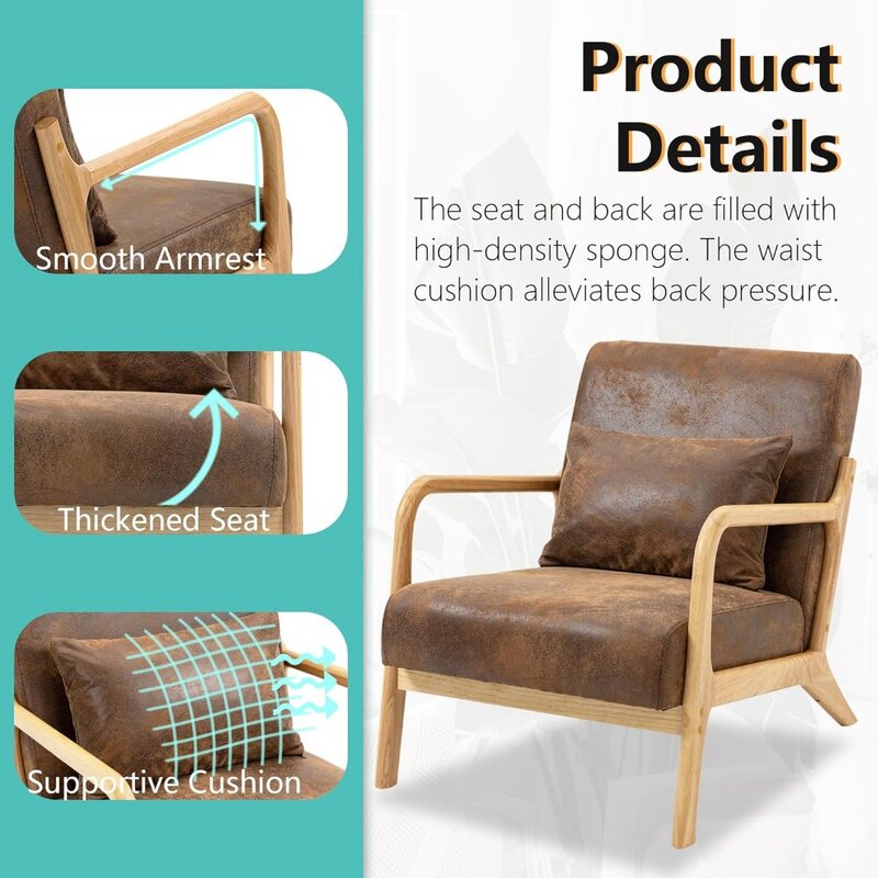 Cadeira de couro PU marrom com cintura almofada, cadeiras de café, móveis de madeira Crust Café, quarto e sala de estar, casa e escritório