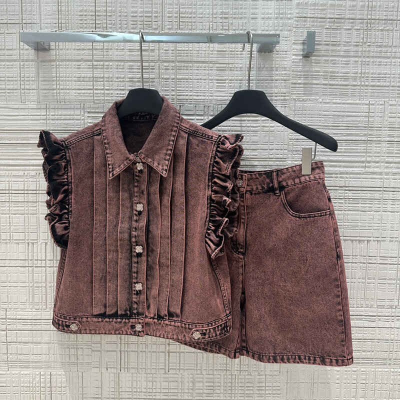 2024 High Quality Lace Sleeve Denim Set with Retro Casual Pleated Short Jacket and Straight Leg Two-piece Shorts