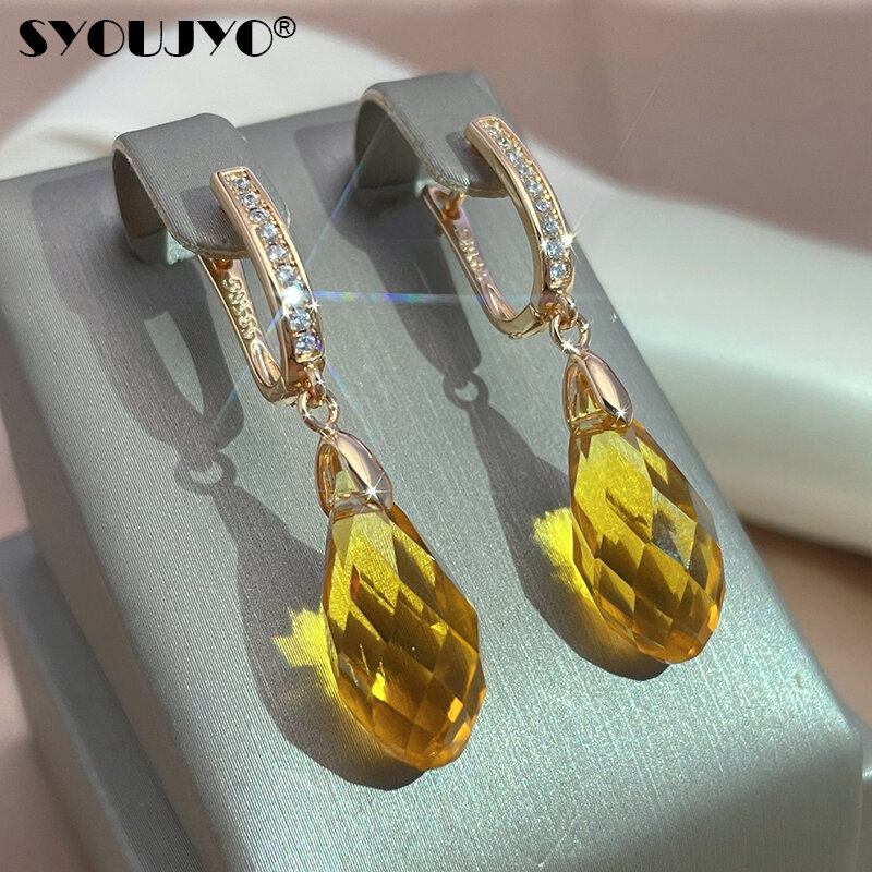 SYOUJYO Luxury Shiny Pendant Earrings 585 Rose Gold Color Natural Yellow Water Drop Zircon Inlay Wedding Party Fashion Jewelry
