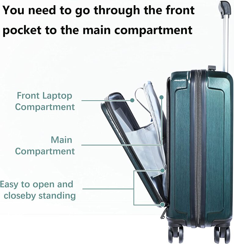TydeCkare Carry On bagagem de cabine 20 Polegada com compartimento frontal e expansível ABS + PC TSA Aprovado Bloqueio Spinner Rodas Silenciosas