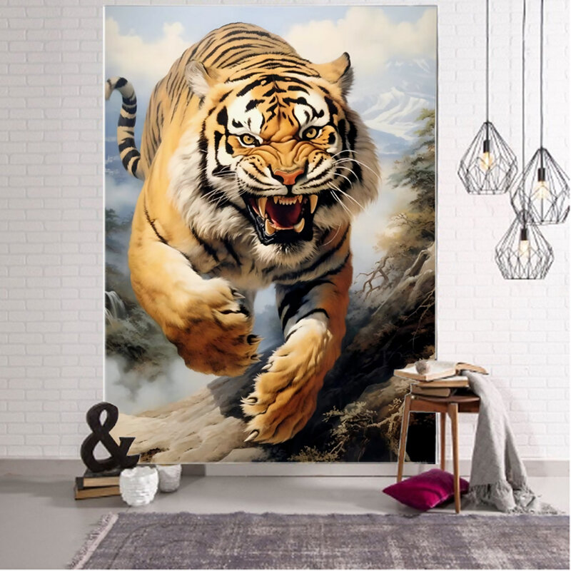 Tapeçaria feroz da decoração do fundo, tigre, leão, flor, leopardo, tubarão, animal, decoração