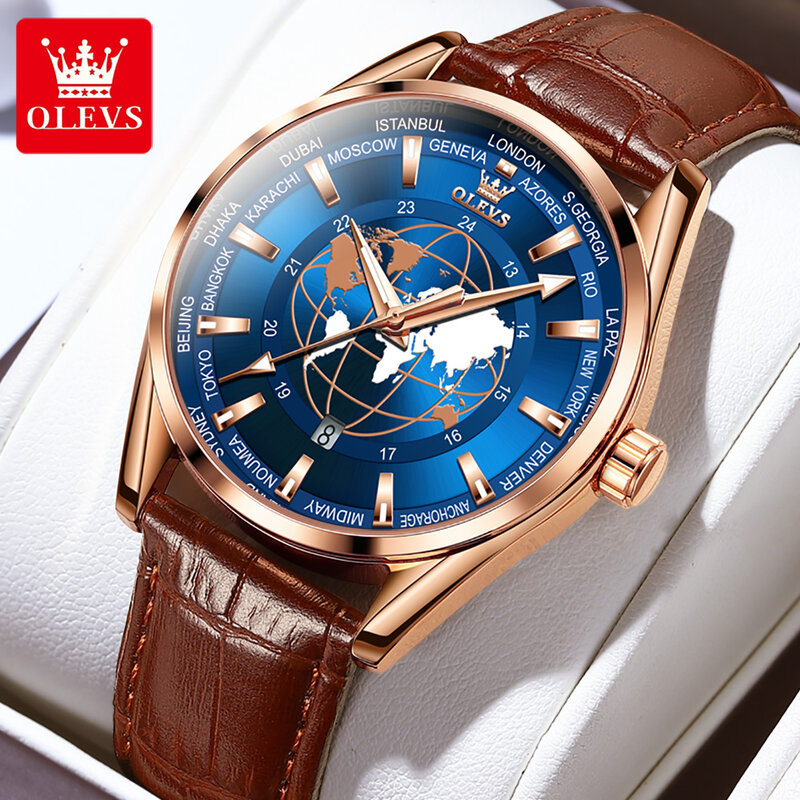 OLEVS-Relógio de pulseira de couro impermeável masculino, quartzo, calendário, esporte, luxo, marca de topo, moda, novo, 2023