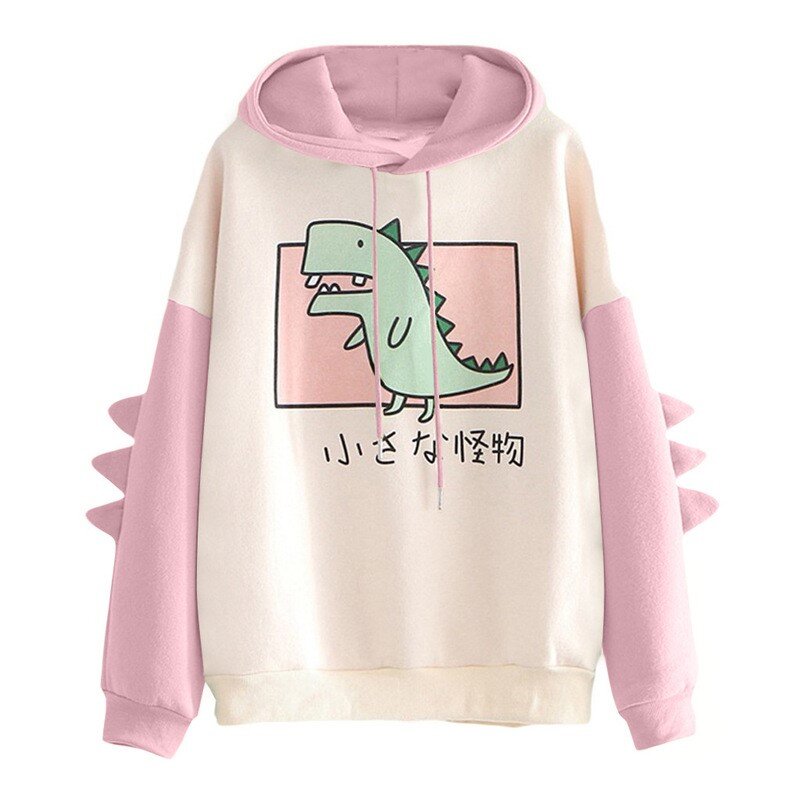 Dinosaur Oversized Cartoon Hoodie Women Fashion Sweatshirt Casual Print Korean Style Thicken Sweatshirt Winter Dino Hoodie Tops