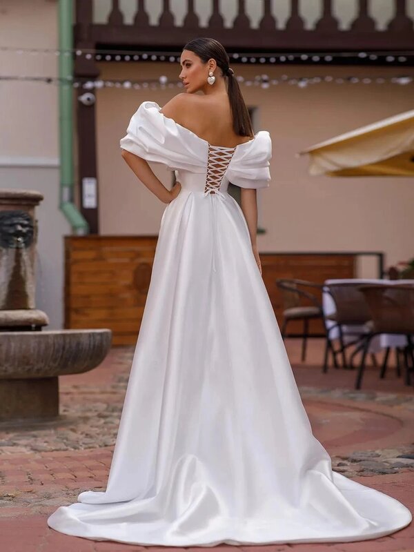 Gaun pernikahan Satin anggun gaun pengantin leher perahu jubah A-Line bahu untuk pesta Formal belahan samping Vestidos De Novia