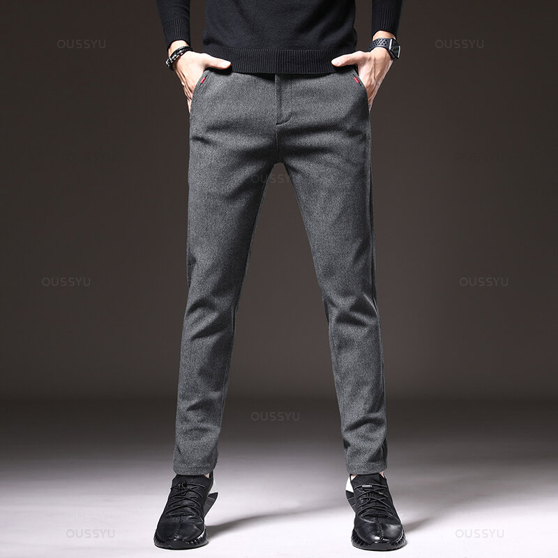 กางเกงลำลองผ้าขนแปรงสำหรับผู้ชายกางเกงธุรกิจเข้ารูปผ้าสีเทาสีน้ำเงินสีดำยาวถึงสี่ฤดู