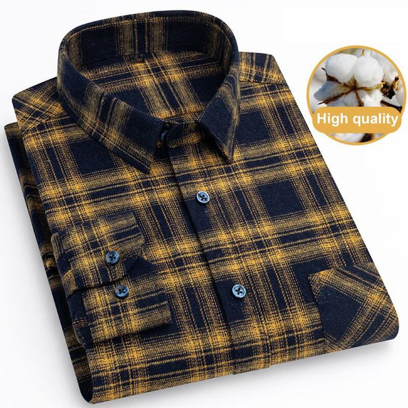 Classic Shirt Style Plaid Print Men's Cardigan Casual Mid Length Shirt with Turn-down Collar Color Matching for Fall Spring