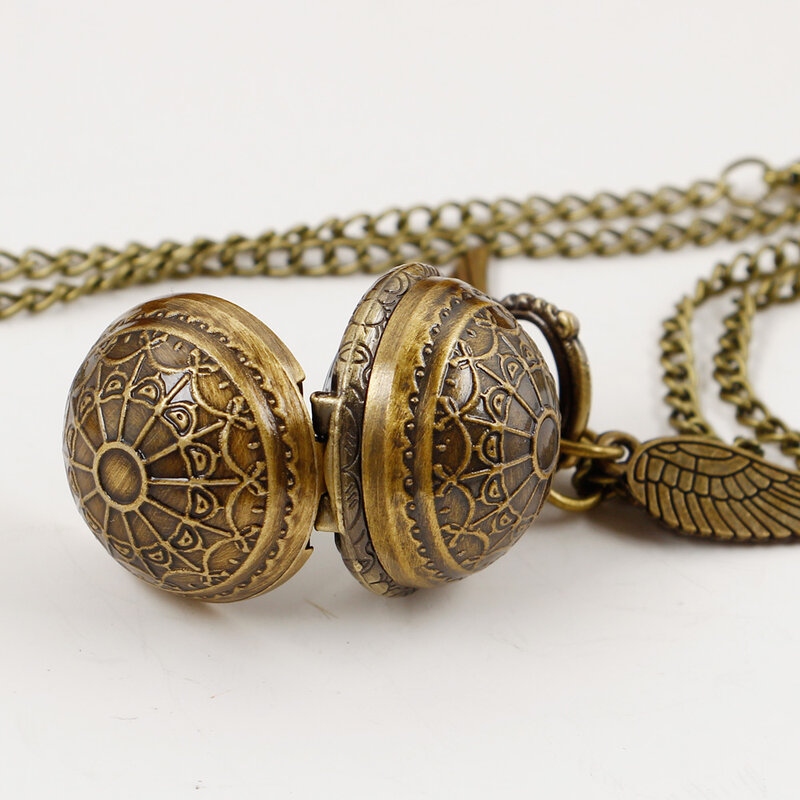 Карманные часы с бронзовым шариком и крыльями на цепочке с ожерельем, маленькие повседневные Модные кварцевые часы, лучший подарок для детей, мужчин и женщин