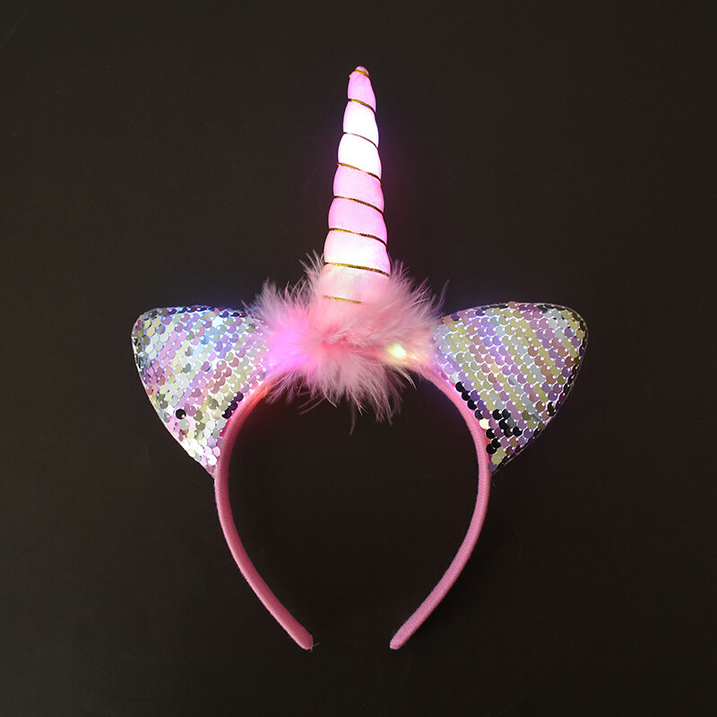 Lampu LED Ikat Kepala Unicorn Perlengkapan Dekorasi Pesta Tema Unicorn Pelangi Aksesori Rambut Penutup Kepala Kartun Ulang Tahun Anak Perempuan