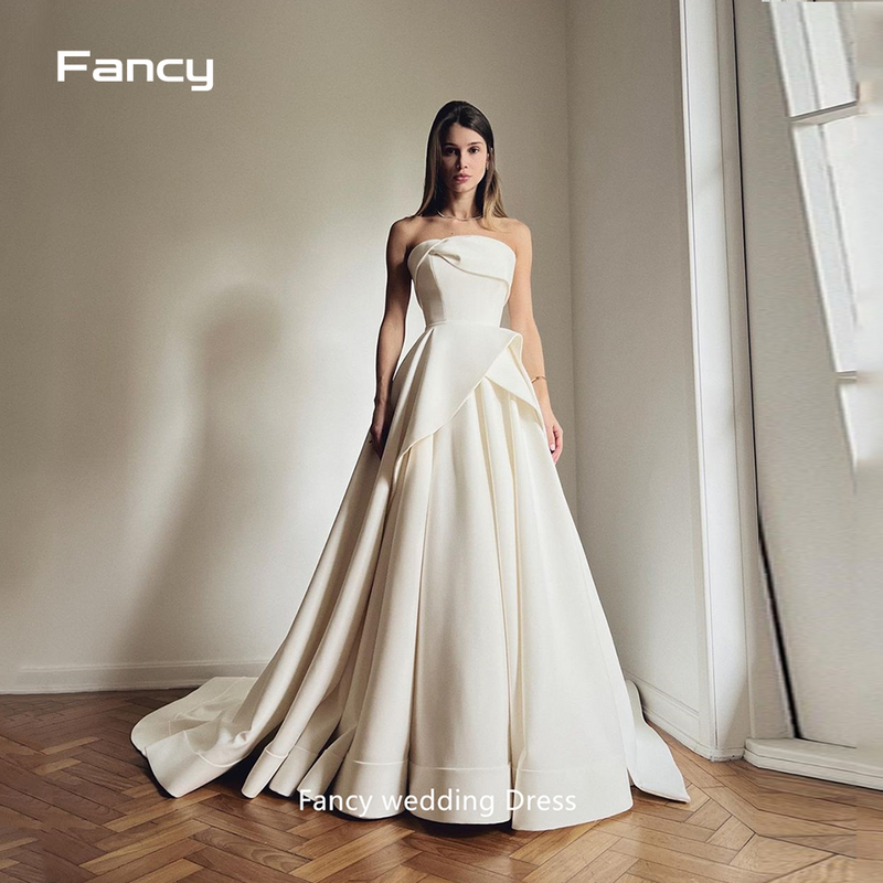 Fancy Korea A Line Good Quality Soft Satin Wedding Dresses Strapless Luxury Bridal Gowns Photo shoot Vestido de noiva Custom
