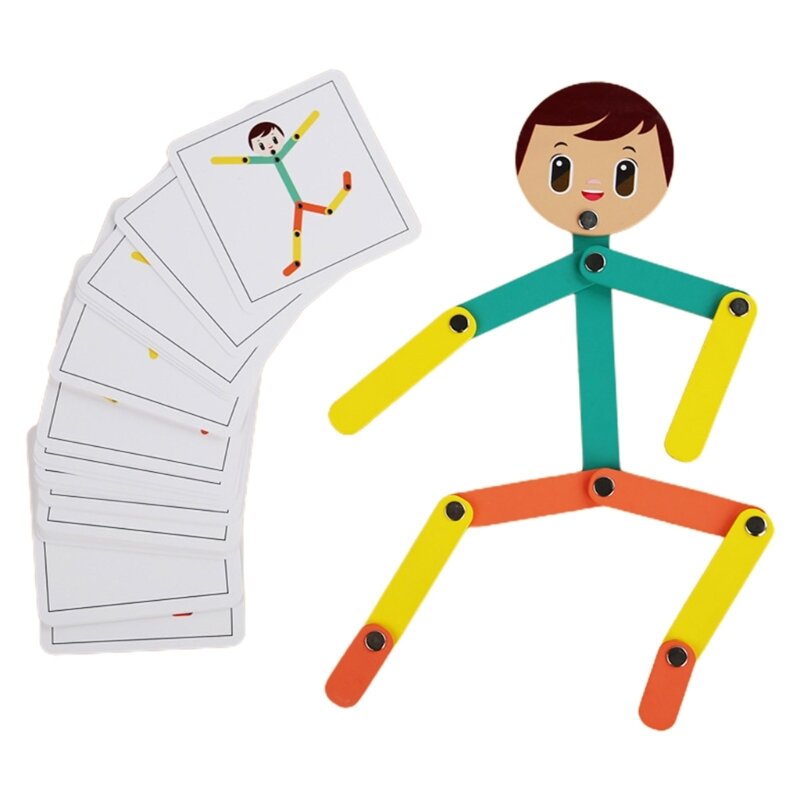 دمية خشبية مع بطاقات إيماءة، لعبة التنسيق بين اليد والعين والدماغ للأطفال
