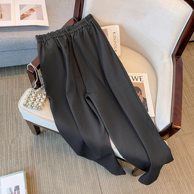 Женские серые деловые брюки больших размеров, однотонные широкие брюки из полиэстера, свободные и удобные праздничные брюки
