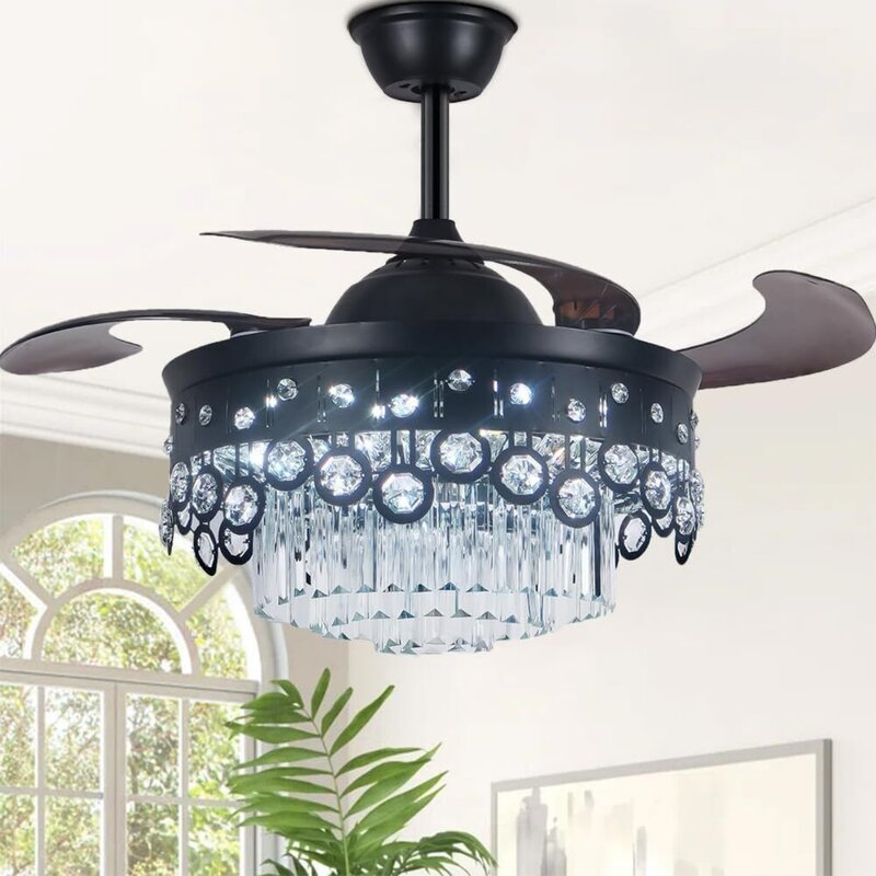 Ventilador de techo con luz LED retráctil, lámpara de araña con altavoz de música, Bluetooth, cristal moderno, 7 colores, Rem, EE. UU. 42"