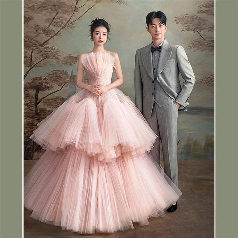 Charming Scalloped Neck Tulle Tiered Pink Ball Gown 2024 Formal Evening Dresses for Women Sweep Train Party Dresses Prom Dress
