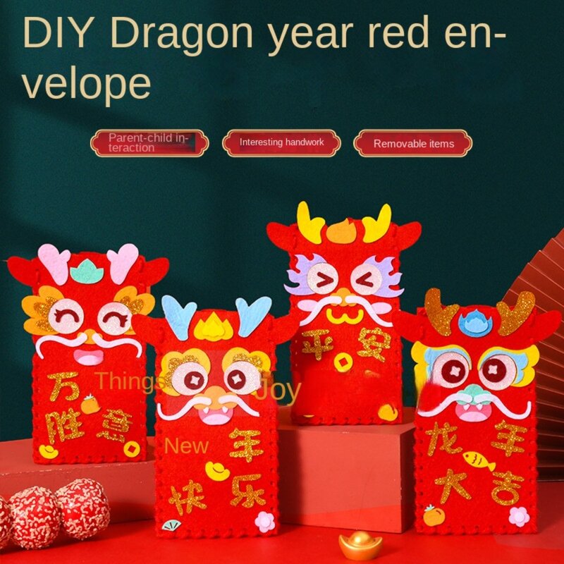 Chinees Nieuwjaar Diy Lucky Bag Dragon Patroon Handgemaakte Schoudertas Met Hangende Touw Chinese Lente Festival Ambachten Benodigdheden