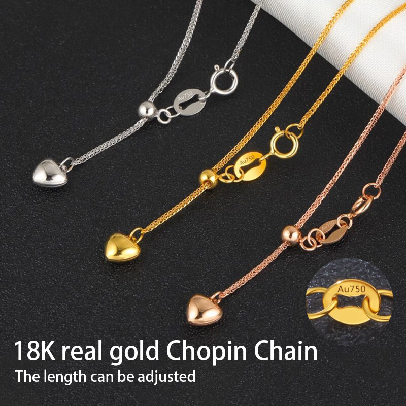 18K Gold Chopin Necklace Au750 Plain Chain Women 's Adjustable Stretching Extension Chain Heart-Shaped Clavicle Chain
