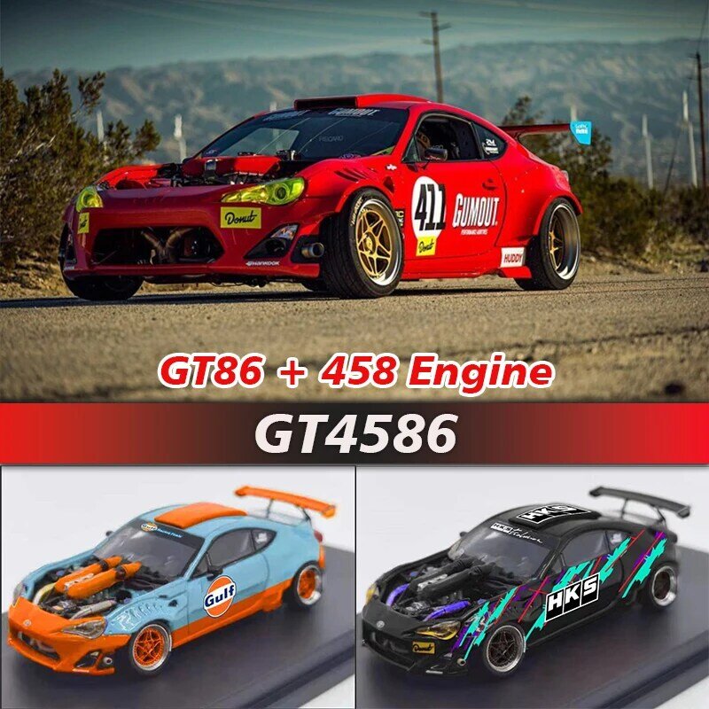 Modelo de coche Diorama de aleación GULF, juguetes de coches en miniatura, HKM DCM, 1:64 GT86 + 458 motor GT4586