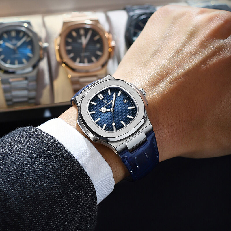Роскошные мужские наручные часы poedагар, водонепроницаемые светящиеся мужские часы с датой, кожаным ремешком, спортивные квадратные мужские часы, повседневные кварцевые часы для мужчин