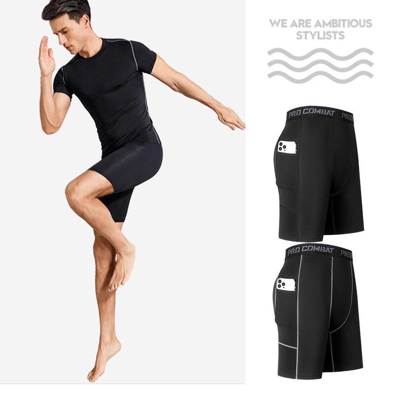 Pantalones cortos de compresión para hombre, Shorts de secado rápido para gimnasio, correr, deporte, Fitness, bolsillo, entrenamiento, ajustados, A4F5