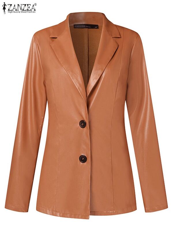 ZANZEA Casual Office Lady Autumn Outwear Women PU Leather Blazer Coat Vintage Suit Collar Jacket 2023 New Double Breasted Blazer