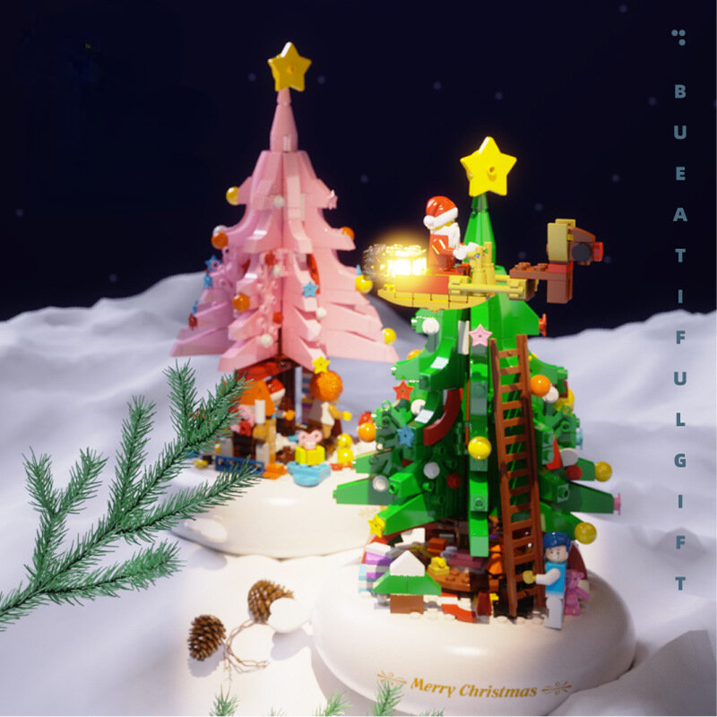 Boîte à musique rotative d'arbre de Noël pour enfants, blocs de construction, rose, vert, cadeau d'anniversaire créatif, filles de 7 à 14 ans