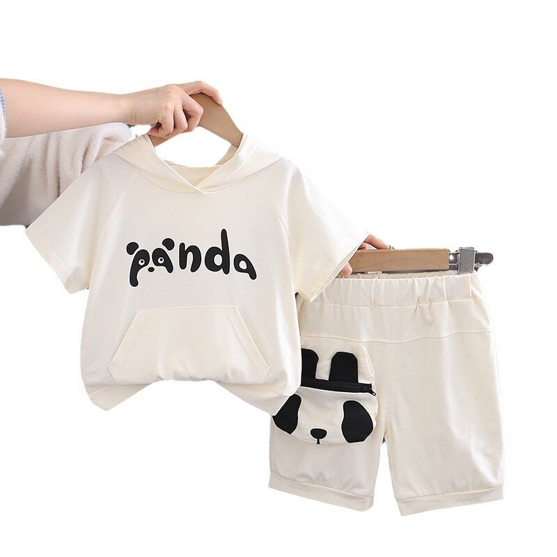 Summer new baby cute baby treasure Panda hooded short sleeve suit cool summer boys short sleeve suit