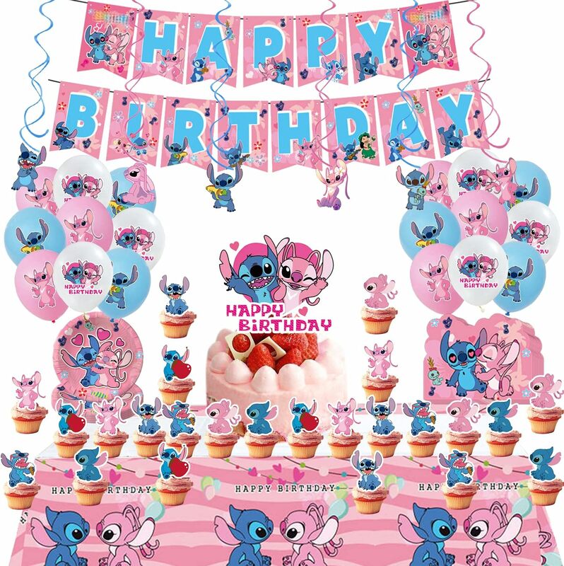 Pink Lilo Stitch dekorasi pesta ulang tahun cangkir kertas piring serbet taplak meja spanduk balon untuk anak-anak gadis perlengkapan mandi bayi