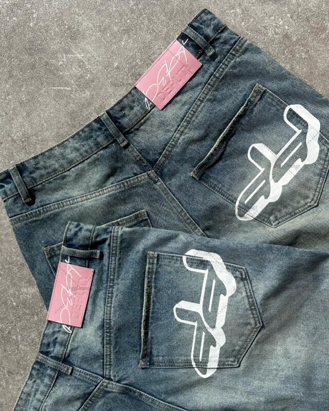 Jeans oversize con stampa di lettere americane da uomo pantaloni a vita alta di marca di moda High Street, pantaloni a gamba larga dritti lavati da donna