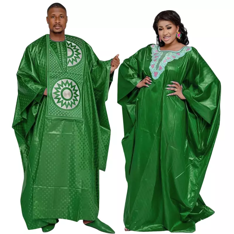 Gaun Afrika untuk pasangan pakaian bordir Bazin tradisional gaun panjang lantai dengan desain pasangan syal