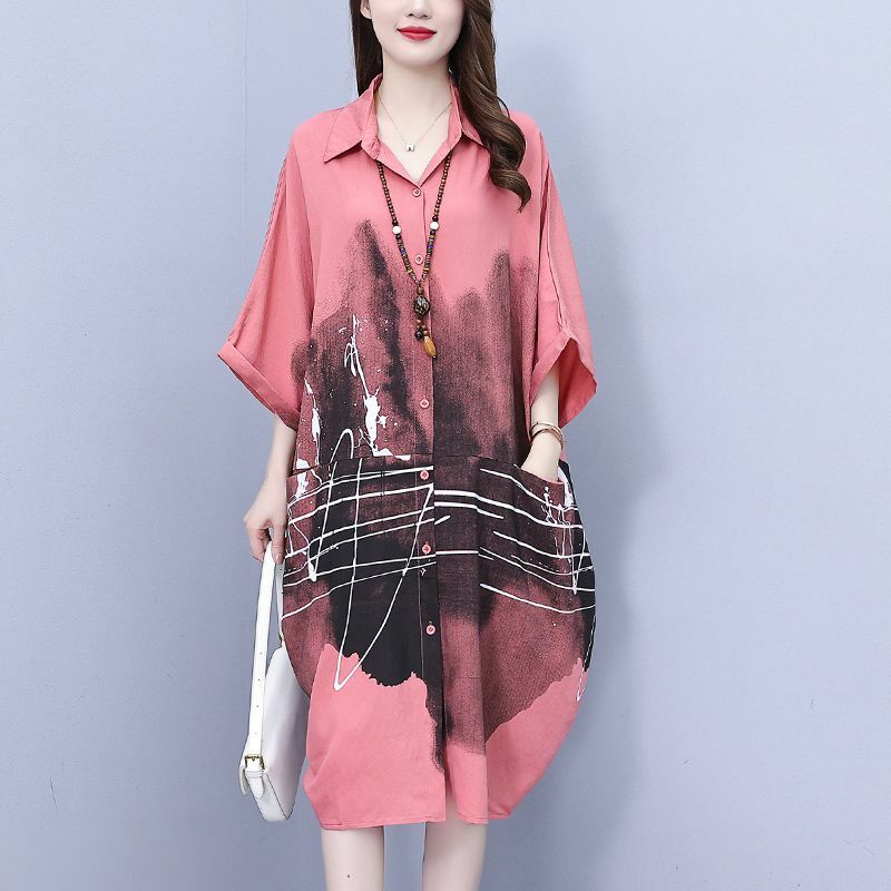 Fashion Lapel Pockets Loose Printing Batwing Sleeve Casual Dresses Women's Clothing 2024 Summer New Oversized Commuter Shirt Dre
