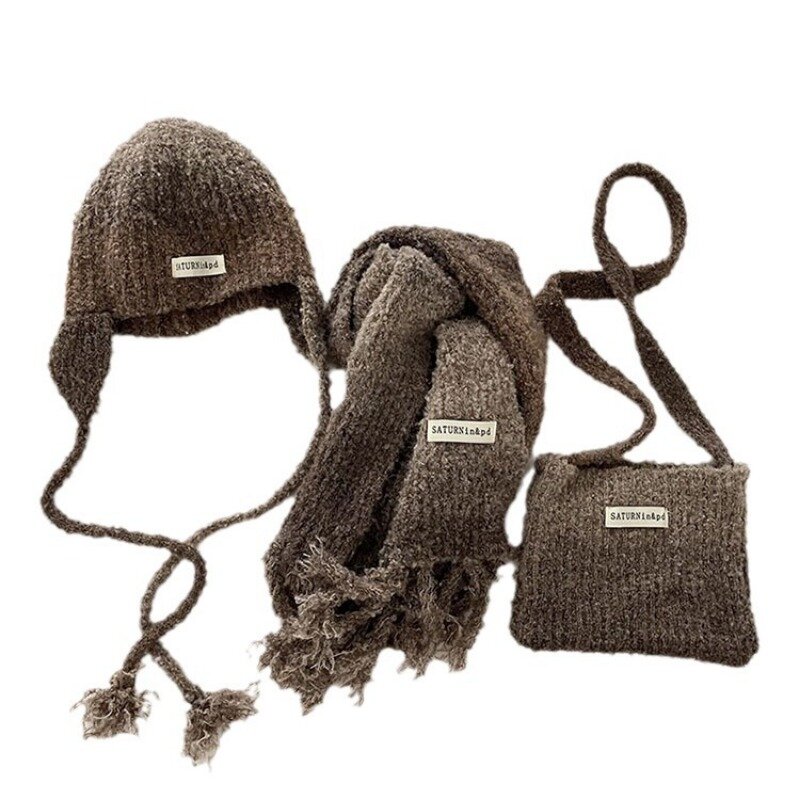 Maillard Farbverlauf Farbe 3 Stück Set Hut Schal Tasche Frauen Herbst Winter kalt warm Gehörschutz Wolle Strick mütze Flut Gorros