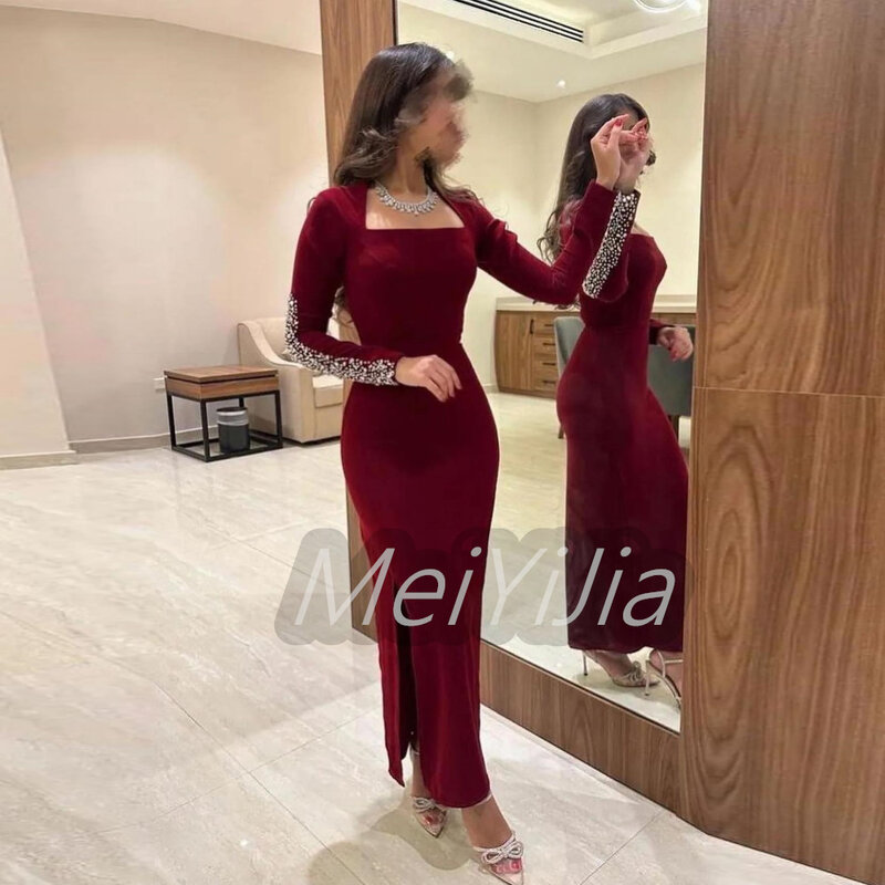 Meiyijia gaun malam Saudi Crepe lengan panjang elegan putri duyung lipit Arab seksi Malam klub ulang tahun pakaian musim panas 2024