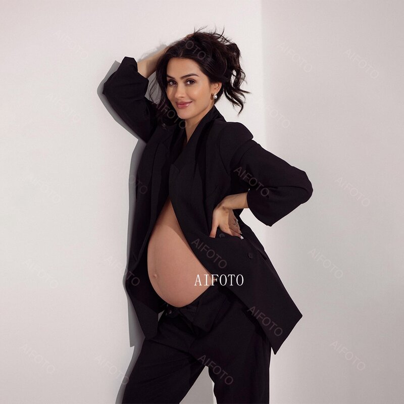 White OL Suit Maternity Photoshoot Outfit Suit Lace Up Long Sleeve Blazer Clothes Chic Chest Chain For Pregnant Women Photograph