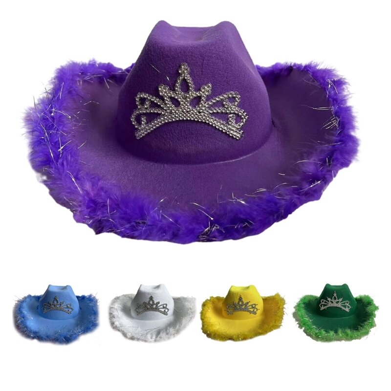 Womens Vintage brede rand hoed Cowgirl hoed harige versieringen Fedora hoed partij rekwisieten