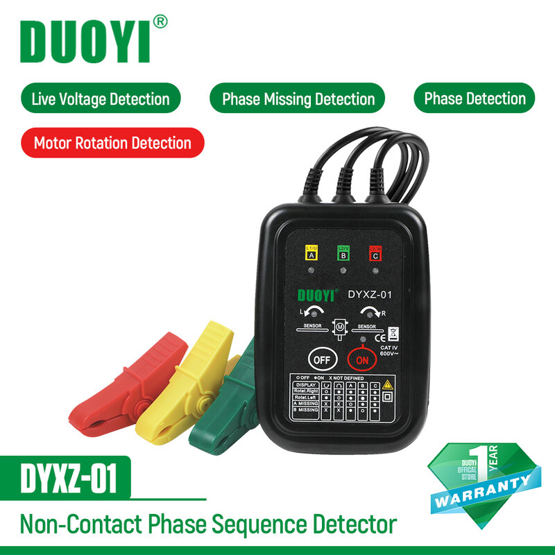 DUOYI DYXZ-02 wskaźnik napięcia Tester/nie-skontaktuj się z sekwencji faz wskaźnik detektora miernik detektora LED wyświetlacz 3 fazy Tester