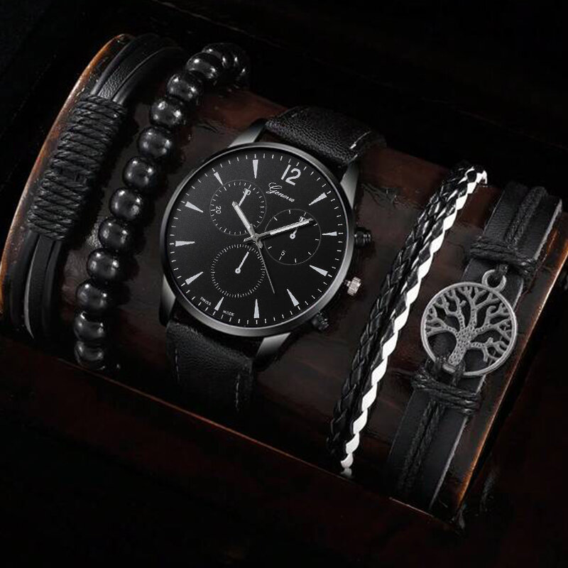 5 szt. Zestaw moda męska zegarki biznesowe dla mężczyzn czarne drzewo życia pasek na rękę luksusowy człowiek Sport zegarek kwarcowy na co dzień Reloj Hombre