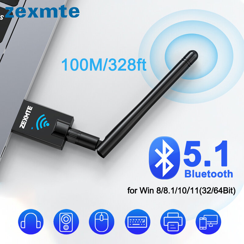 Zexmte 블루투스 5.1 어댑터, 스피커 마우스 음악용, USB 5.0 동글 수신기 송신기, 윈도우 11 10/8, 100M, 2 개