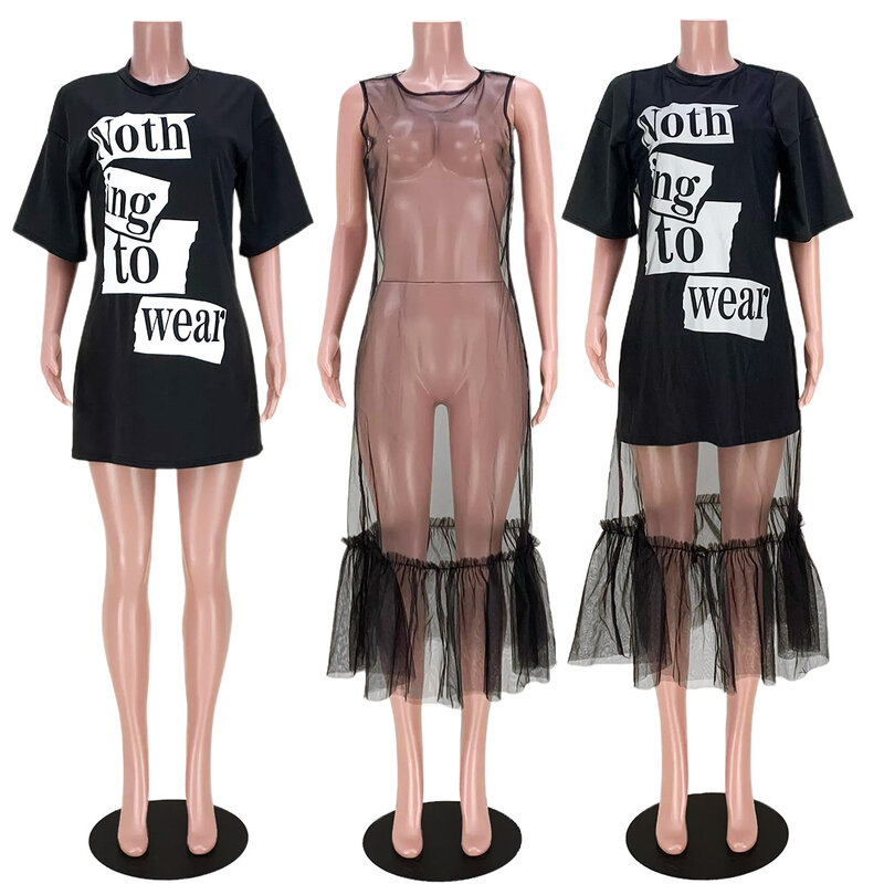 Summer Women letter Print Through Short Sleeves Slim Mini Dress 2 Pcs Set 2022 Bodycon Fashion Club Elegant Mesh Dress Sets