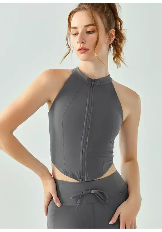 Middelsterk Mouwloos Yoga Vest Met Rits Aan De Voorkant Voor Dames Halfvaste Cup Borst Pad Nude Slanke Sneldrogende Fitnesskleding Top