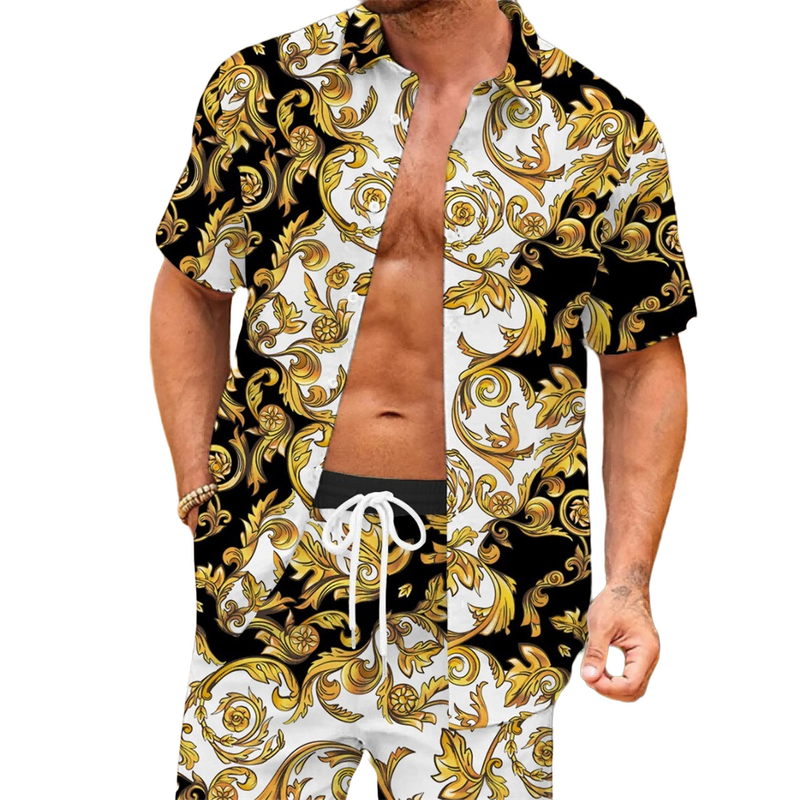 Summer new fashion 3D printed men's casual shirt + beach pants suit plus size