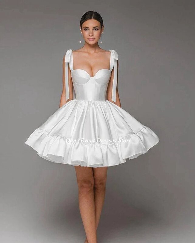 Qanz-vestido de noiva branco com alças de espaguete, arco da noiva, linha, casamento, costas com cordões, curto, vestido de festa